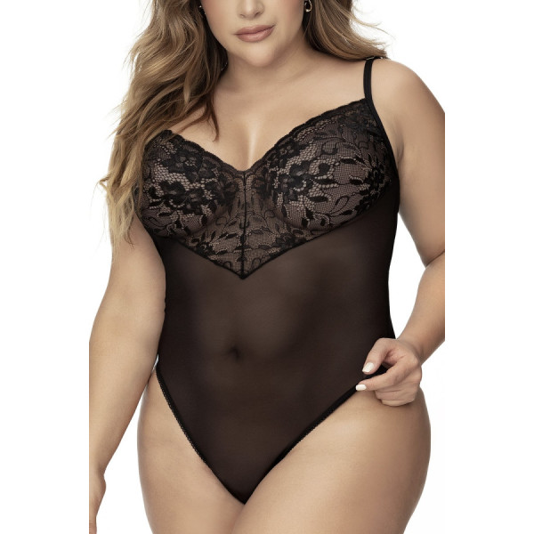 Body, grande taille, noir en dentelle et résille noire 
